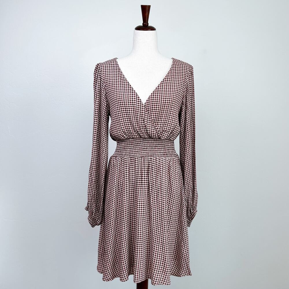 Gianni Bini Long Sleeve Brown Check Wrap Dress